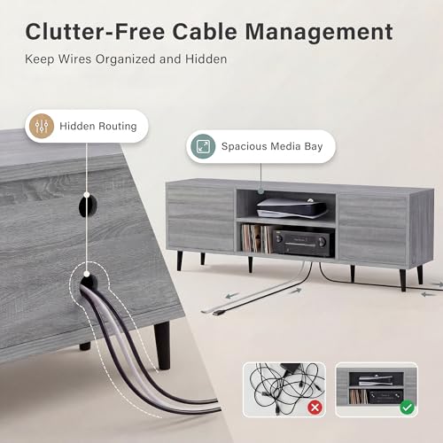 YESHOMY Mid-Century Modern TV Stand for 55-65 Inch TVs, 58 Inch Entertainment Center with Storage, Media Console with Push-to-Open Doors and Cable Management for Living Room, Bedroom(Light Gray)