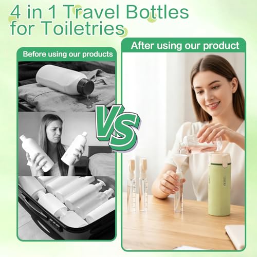 4 in 1 Travel Dispenser Bottle Essentials Camping Toiletries Pump TSA Approved Leak Proof Size Portable Containers Refillable for Shampoo Lotion Creams Body Wash Conditioner Attached Label (Green)