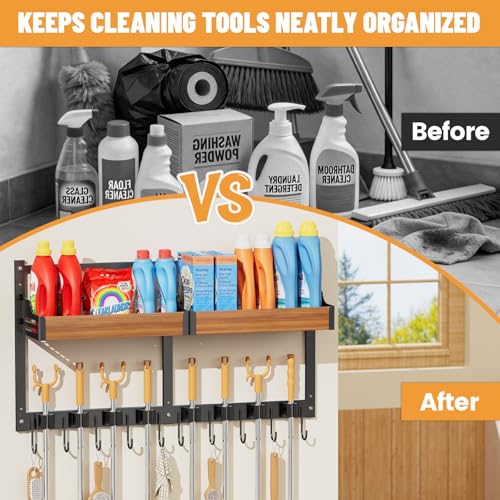 Broom and Mop Organizer Wall Hanging, Broom Holder Wall Mount with Cleaning Supplies Organizer, Broom Hanger Wall Mount with Storage Shelf and Hooks for Laundry Room Garage Kitchen