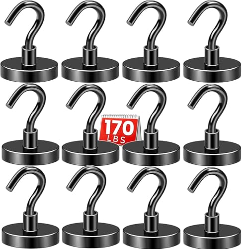 Magnetic Hooks,170lbs Heavy Duty Magnets with Hook... (Black | Steel)