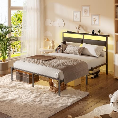 Full Size Bed Frame with LED Lights & Charging, Black Platform Bed