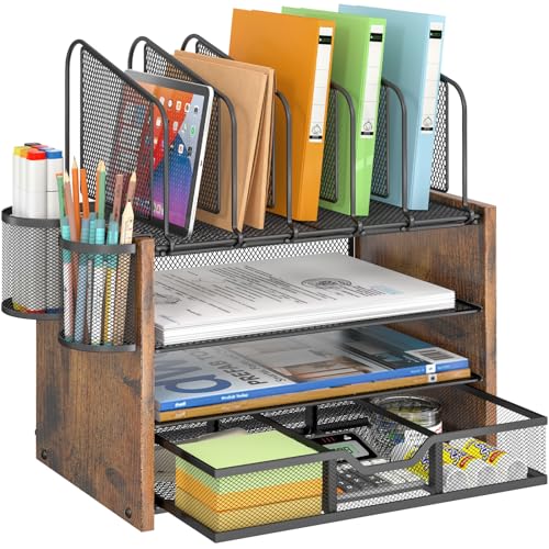4-Tier Mesh Desk Organizer, Wooden Desk File Organ... (4 Tier-Upgrade | Wood)