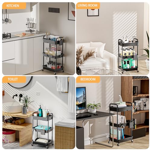 3 Tier Rolling Utility Cart with Drawer,REBECAT Utility Cart Made of Multifunctional Storage Organizer Tool for Kitchen,Bathroom,Living Room,Office(Black)