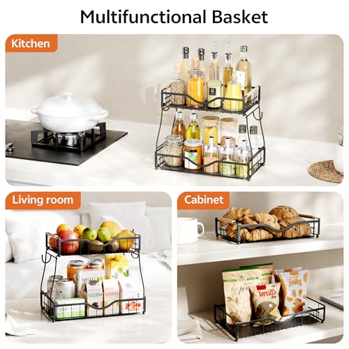 2 Tier Fruit Basket for Kitchen Countertop with 2 Banana Hangers,Detachable Metal Fruit Bowl with Wooden Handles and Protective Pads,Large Capacity Fruit and Vegetable Basket Organizer,Black
