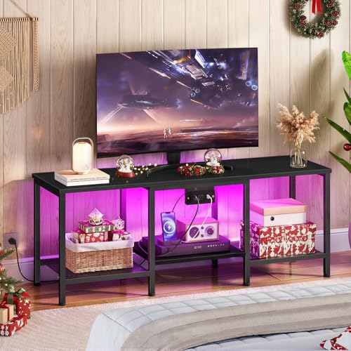 TV Stand with Charging Station to 55 Inches, LED E... (Black | Engineered Wood)