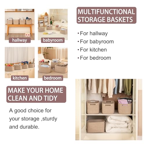 OIAHOMY 4 Pack Storage Baskets for Organizing, Cube Storage Bins for Shelves, Rectangle Storage Baskets With Handles, Woven Baskets for Storage, 12.7''Lx9''Wx7.8''H, Mixed Brown