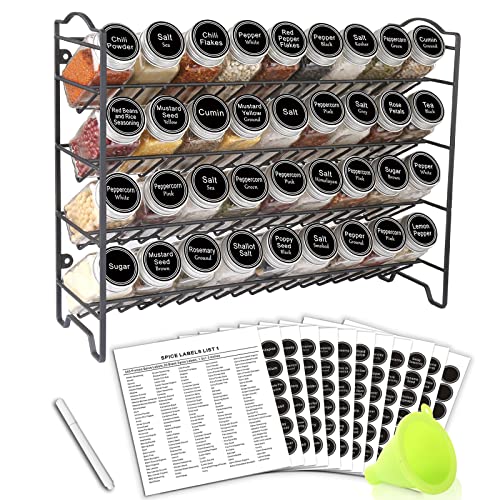 SWOMMOLY Spice Rack Organizer with 36 Spice Jars 4 oz, 396 Spice Labels | Chalk Marker, Funnel Set, Spice Organizer for Cabinet, Countertop, Pantry, Cupboard & Wall Mount, 16.5" W × 12.6" H, Black