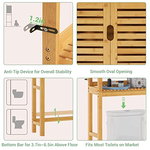 Over The Toilet Storage Cabinet, Tall Bathroom Cabinet Organizer with Cupboard and Adjustable Shelves, Freestanding Toilet Shelf Space Saver Rack Stand for Laundry Room, Balcony, Bamboo