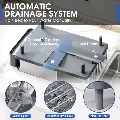 Urackify Stainless Steel Dish Drying Rack for Kitchen Counter, 16.9" x12.4" | Rustproof dish rack with utensil holder, 16.9" L x 12.4" W Large Capacity, Dish Drainer for Plates Dishes Sliverware, Grey