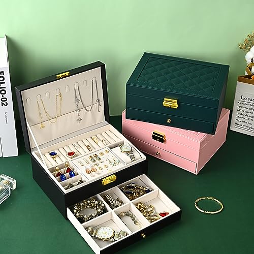 GUOER Jewelry Box for Women Girls, Two Layers Jewelry Organizer (Black) | Vintage Quilted Stitching PU Leather, Earrings Bracelets Rings Necklace Watches Storage Large Jewellery Holder Case Gifts