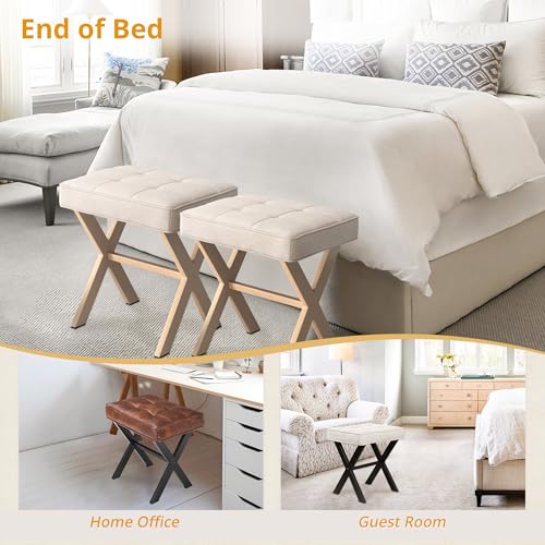 LUE BONA Square Linen Makeup Stool, Metal X Legs, Small Ottoman Stool Chair for Vanity, Modern Padded Seat Foot Rest for Makeup Room, Bathroom