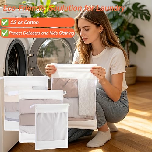 Cotton Mesh Laundry Bags, Set of 4, XXL, XL, L, M, with Hidden Zipper | Mesh Laundry Bags for Delicates, Dye-Free Natural Wash Bags for Lingerie & Sensitive Fabrics