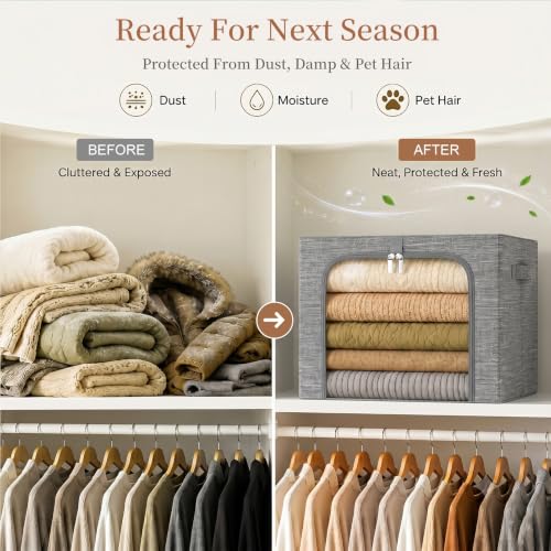 GoMaihe Clothes Storage Bins with Metal Frame for Closet, 40L 6-Pack Grey | Sweaters Hoodies Jeans T-Shirt, Closet Top Shelf Organizer, Steel Frame Collapse-Proof, Stackable, Clear Window, Dual Access