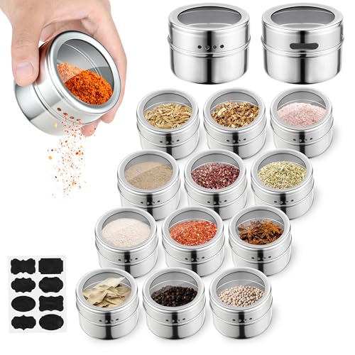 12pcs Stainless Steel Spice Jars, Magnetic Condiment Tins Magnetic Spice Jar With Clear Lid And Holes Sift&Pour - Easy To Clean