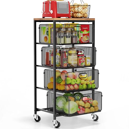 Kitchen Cart with Drawers, Lockable Wheels with Wo... (Black | Metal, Wood)
