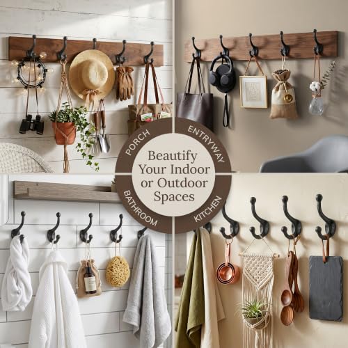 Rustic Cast Iron Coat Hooks (5 Pack) Wall Mounted Farmhouse Decorative Wall Hooks, Vintage Hooks for Hanging Coats, Bags, Hats, Towels (Antique Black, Includes Hardware)