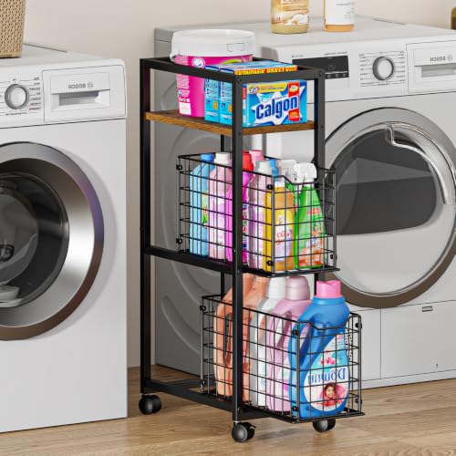 Hongtamoya 3 Tier Laundry Room Cart with Pull-Out Baskets, Utility Slim Storage Cart with Wheels Small Rolling Cart with Wood Top Metal Narrow Bathroom Laundry Room Organization Trolley, Black