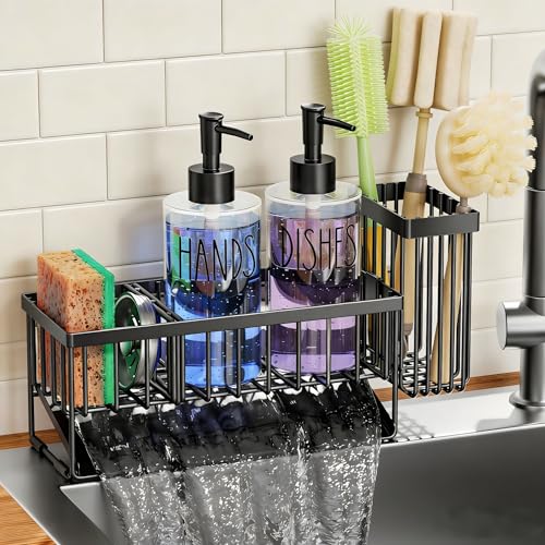 Kitchen Sink Caddy with Dish Soap Dispenser Set, 1... (Black+clear)