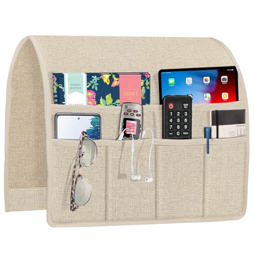 Joywell Beige Remote Control Holder Recliner Armchair Caddy Couch Caddy Sofa Armrest Organizer Linen Fabric Tan Taupe Sofa Arm Chair Caddie with 6 Pocket Storage for Magazine, Tablet, Phone, iPad