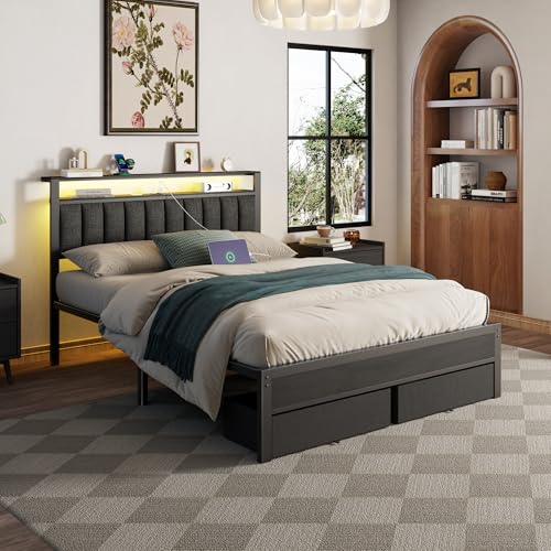 Queen Bed Frame with Storage Drawers and Upholstered Headboard
