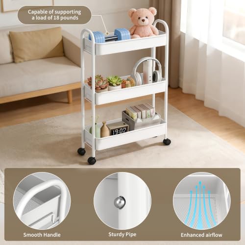 Slim Rolling Cart, Metal Frame Utility Rolling 3-Tier Narrow Storage Cart | Kitchen Storage Organizer, Mobile Shelving Unit for Bathroom Kitchen