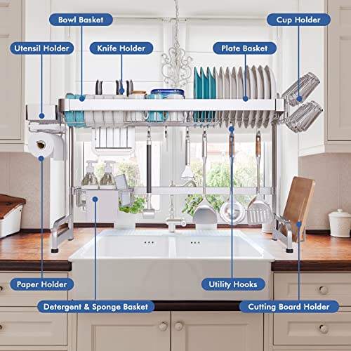 LIVOD Over The Sink Dish Drainer Drying Rack, 2 Tier Full Stainless Steel Storage Adjustable Length Kitchen Rack, Multifunctional Expandable Counter Organizer, Space Saver Dish Rack