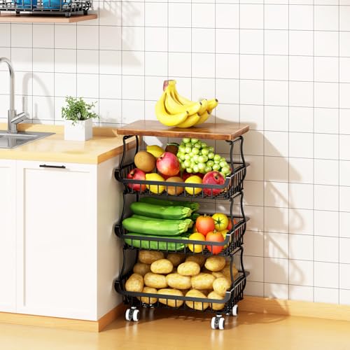 4 Tier Vegetable Fruit Basket for Kitchen, Stackab... (Black | Metal)