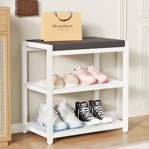 Small Shoe Bench Shoe Rack Storage Bench Entryway... (White | Acacia, Iron)