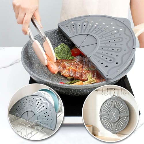 Foldable Silicone Splatter Screen for 10-12" Pans, BPA-Free, Gray | Foldable Splash Guard, Multi-Use Grease Splatter Guard/Trivet Mat,Non-Stick Oil Splatter Guard, Dishwasher Safe