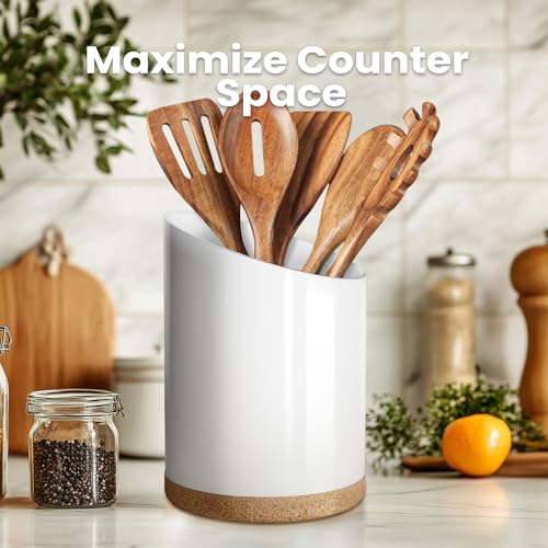 KITEISCAT Large Ceramic Utensil Holder for Kitchen Counter, Modern Crock with Slanted Top & Cork Mat, for Spatulas & Cooking Spoons, White