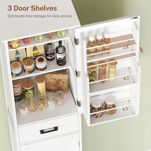 Tall Storage Cabinet with 3 Door Shelves & 1 Drawer, Narrow Kitchen Pantry Cabinet for Living Room, Bathroom, Entryway, White