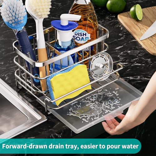 HapiRm Kitchen Sink Organizer, SUS304 Stainless Steel Rustproof Multifunctional Large Sink Caddy with Sponge Holder and Drain Tray for Kitchen Countertop (Silver)
