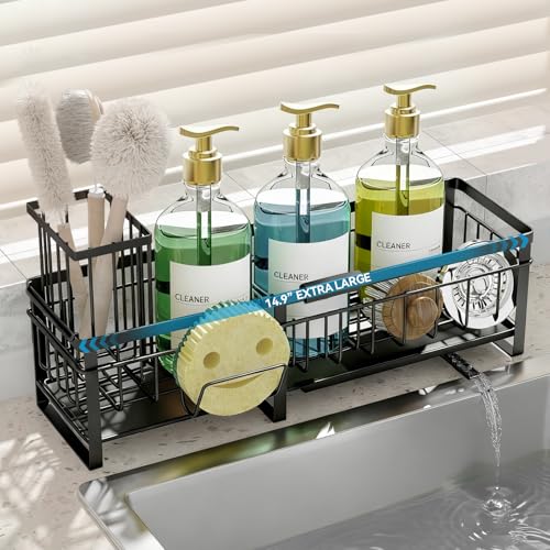 Extra Large Extendable Sponge Holder for Kitchen Sink Caddy Organizer | Rustproof Sink Caddy Organizer with High Brush Holder, Dish Soap Dispenser Organizers and Storage (Black)