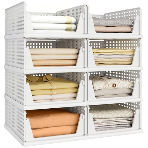 8 Pack Closet Organizer Storage Bins Stackable Plastic Drawer Shelf | Basket for Clothing Stackable Storage Bins Shelf Storage Container for Closet Wardrobe Bedroom Bathroom Office White Foldable