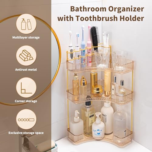Makeup Organizer 3-Tier Bathroom Counter Organizer with Makeup Brush Holder | Corner Bathroom Organizer Countertop, Acrylic Counter Storage for Bathroom Dresser, Skincare Perfume Organizer- Amber Gold