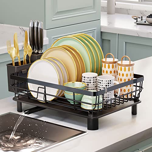 AIDERLY Metal Dish Drying Rack Automatic Drainage, Black, Large | Removable Cutlery Basket, Drainboard & Knife Slots, Dish Drainers, for Kitchen Counter Sink