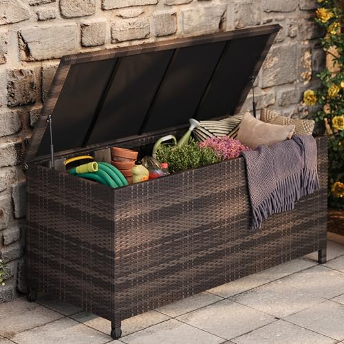 125 Gallon Large Deck Box Waterproof PE Rattan Out... (Brown | Rattan)