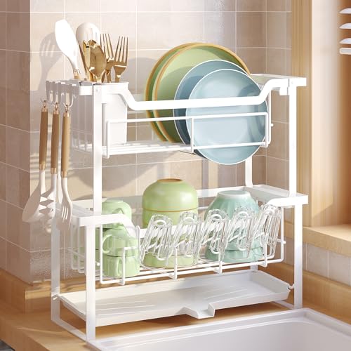 Dish Rack with Drainboard, Organizes Dishes and Ba... (White | Stainless Steel)