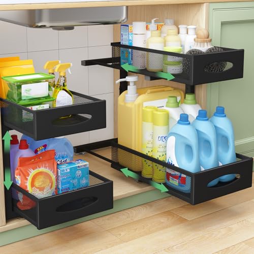 Under Sink Organizer, 2 Tier Pull out Cabinet Orga... (Black | Carbon Steel)