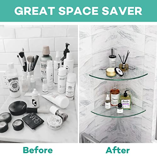 Glass Corner Shelf for Bathroom Corner Shower Shelf Tempered Glass Shelf Shower Organizer Shampoo Holder No Drilling Shower Caddy Corner for Inside Shower 9.4" R