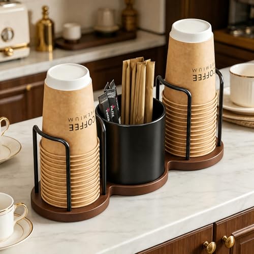 Coffee Bar Organizer with Straw & Stirrer Storage... (Black | Wood)