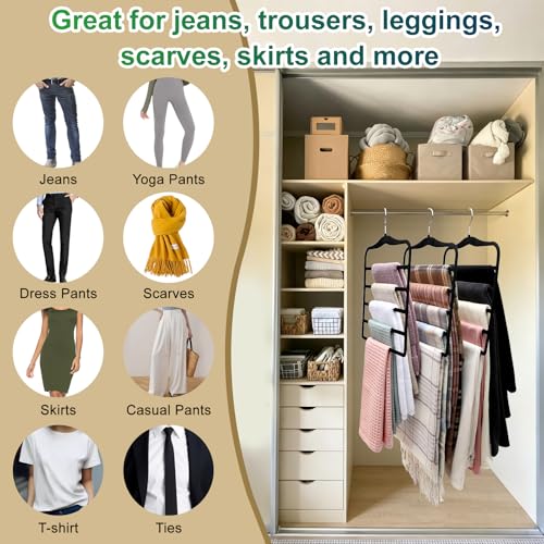 Closet Organizers and Storage, 3 Pack Velvet Pants-Hangers-Space-Saving | Non Silp 5 Tier Scarf Jeans Closet Organizer, Dorm Room Essentials for College Students Girls Boys Guys, Home Storage