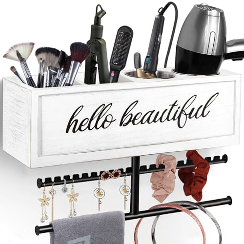 Rustic Hair Dryer Holder Wall Mounted,Hair Styling Tools & Accessories Organizer,Bathroom Supplies & hot Tools vanities Organizer Caddy,for Storage Flat Iron,Blow Dryer,Curling Iron (White)