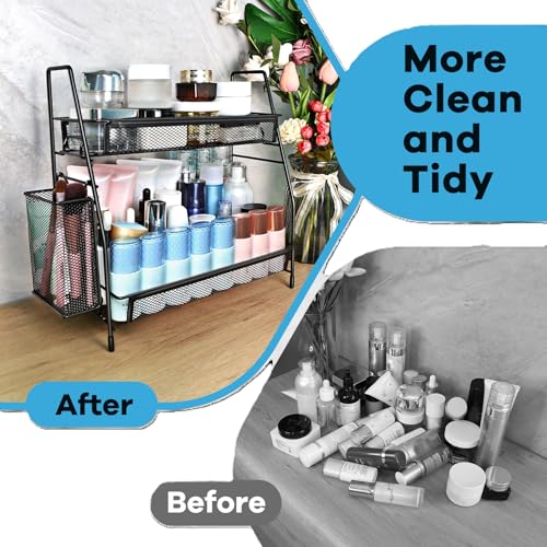 Bathroom Organizer Countertop, Spice Rack Organizer for Cabinet,Black | 2-Tier Bathroom Counter Organizer,Vanity Organizer Corner Shelf with Small Basket for Sink,Kitchen,Bedroom,Living room,Office