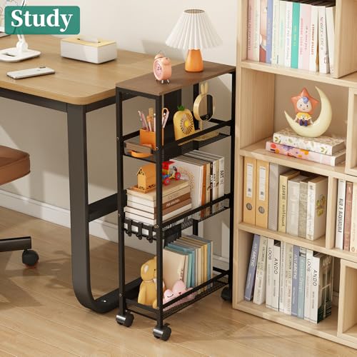 Utility Slim Storage Cart, 4 Tier Rolling Cart with Wheels, Narrow Storage Cabinet for Bathroom, Laundry Shelves for Room Organization, Small Organizer for Kitchen, Office and Dorm (Black)