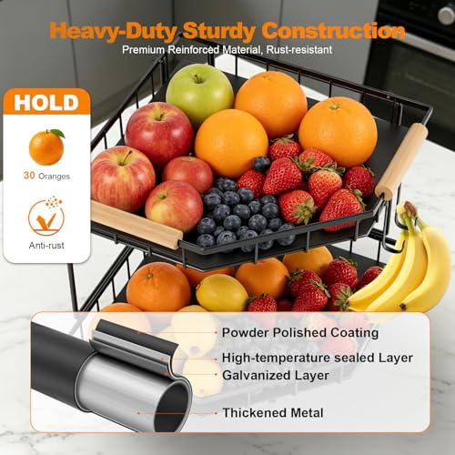 2 Tier Corner Fruit Basket for Kitchen Counter With 2 Banana Hangers | Space-Saving Corner Design, 2 Protective Mats,Wooden Handle,Fruit Holder For Fruit and Vegetable Storage,Counter Fruit Stand