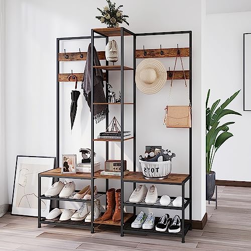 GiftGo Corner Hall Tree with Shoe Rack Storage Bench Display Open Shelves Modern Industrial Entryway Coat Rack Stand for Home Living Room Mudroom Bedroom Multifunctional 5 in 1 (Rustic Brown)