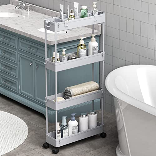 Slim Storage Cart 4 Tier,Bathroom Organizer Rolling Utility,Mobile Shelving Unit Slide Out for Office, Kitchen, Laundry Room & Narrow Places,Gray