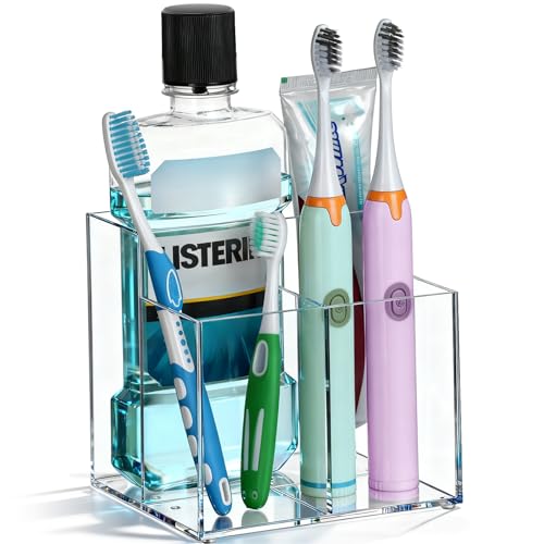 Toothbrush Holder, Clear Acrylic Toothbrush Holders for Bathrooms, Large Capacity Electric Toothbrush and Toothpaste Holder for Bathroom Countertop
