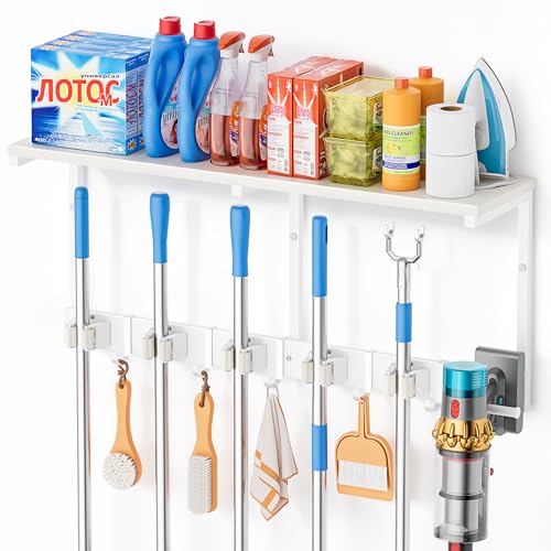 Broom Holder Wall Mount with Cleaning Supplies Org... (Metal, Wood)